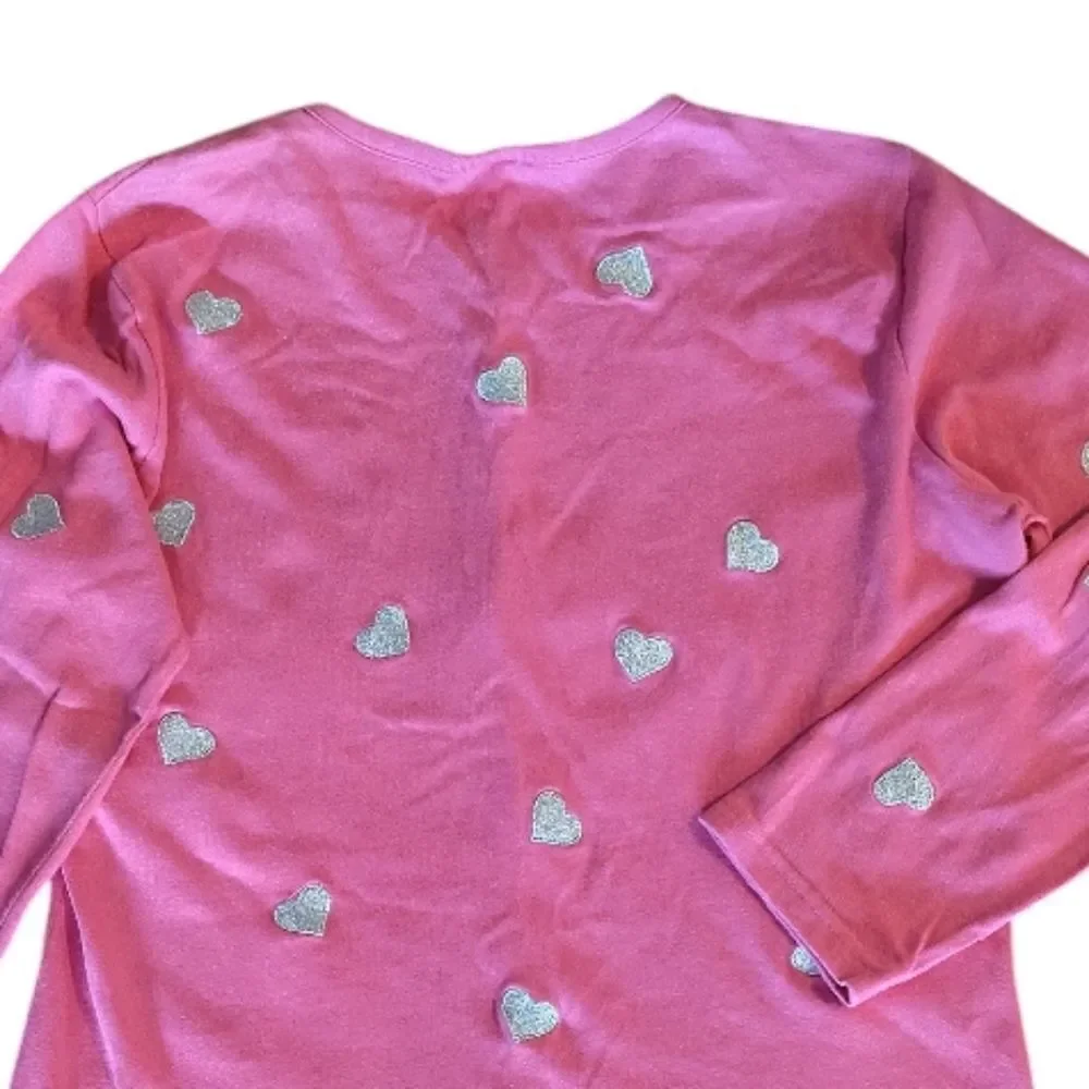 Quacker Factory VTG Pink Glitter Hearts Button Front‎ Cotton Cardigan Med